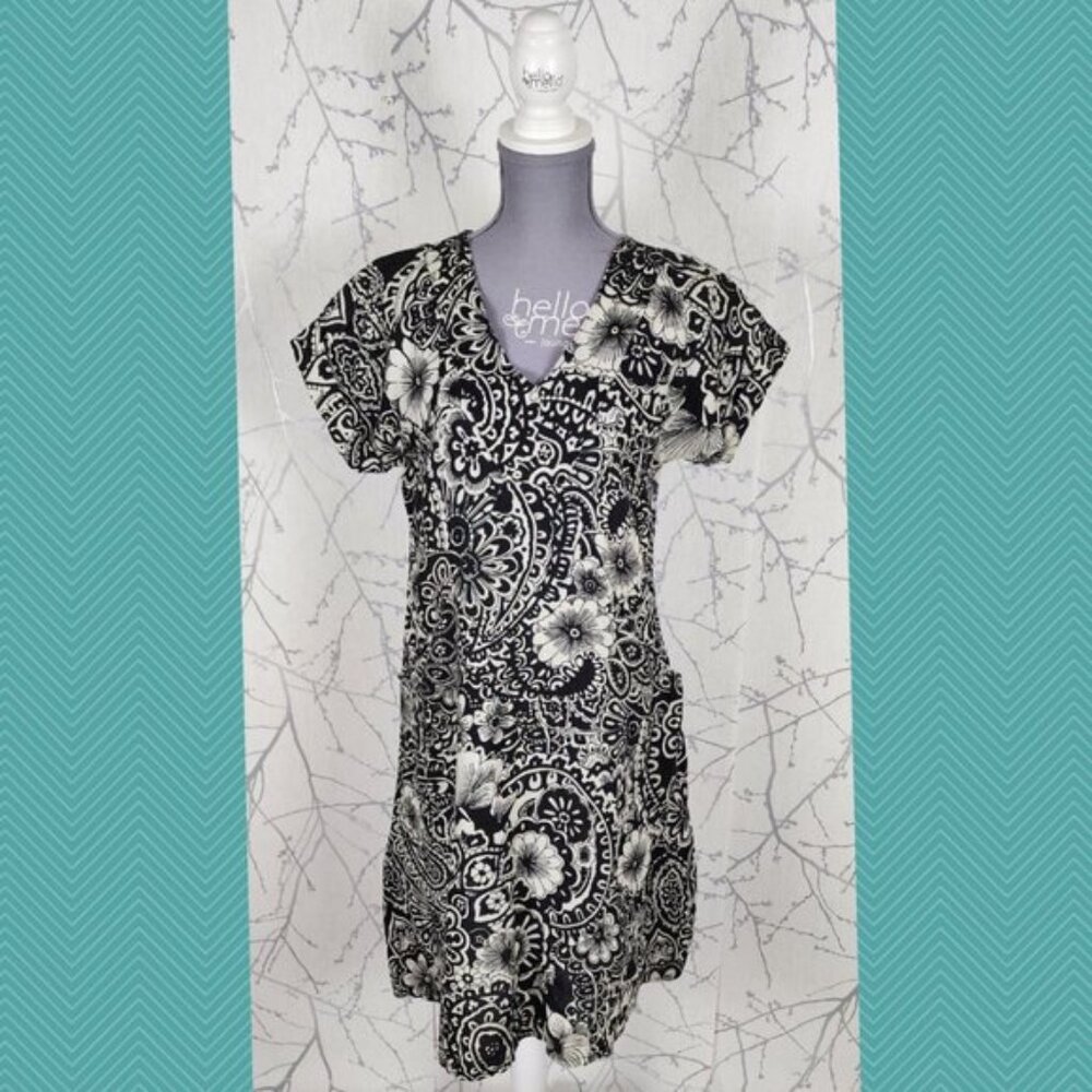 Le Nove Black Floral Paisley Print 100% Linen Flowy Midi Dress